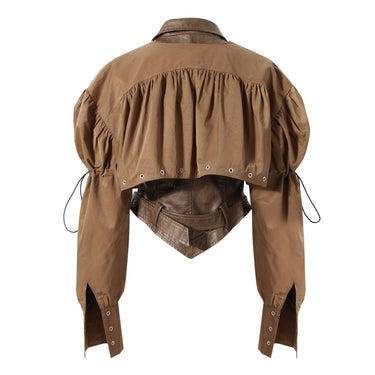 Earthtone Design Two Piece Coat Spring Cloak Stitching Faux Leather Handsome Waist Tight Jacket Top Women - Modestly Vogue